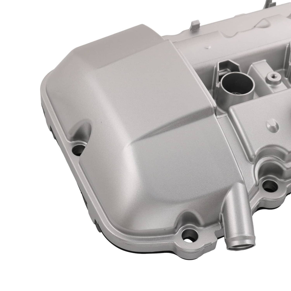Aluminum valve cover housing, silver finish with side tube outlet and mounting holes