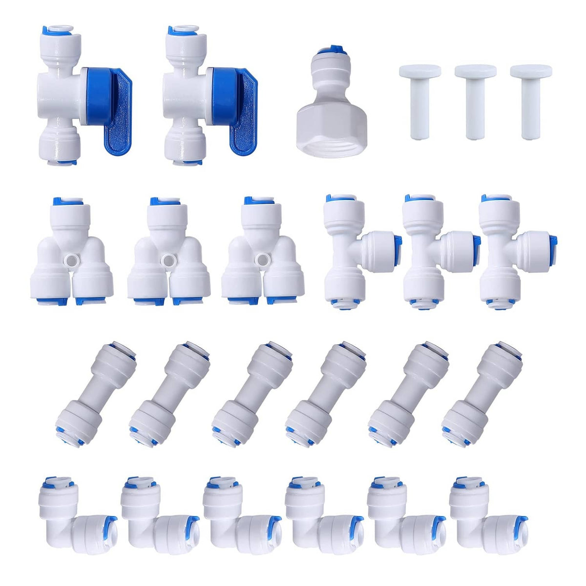 White 1/4-inch push-in water tube quick-connect fitting set with blue inserts