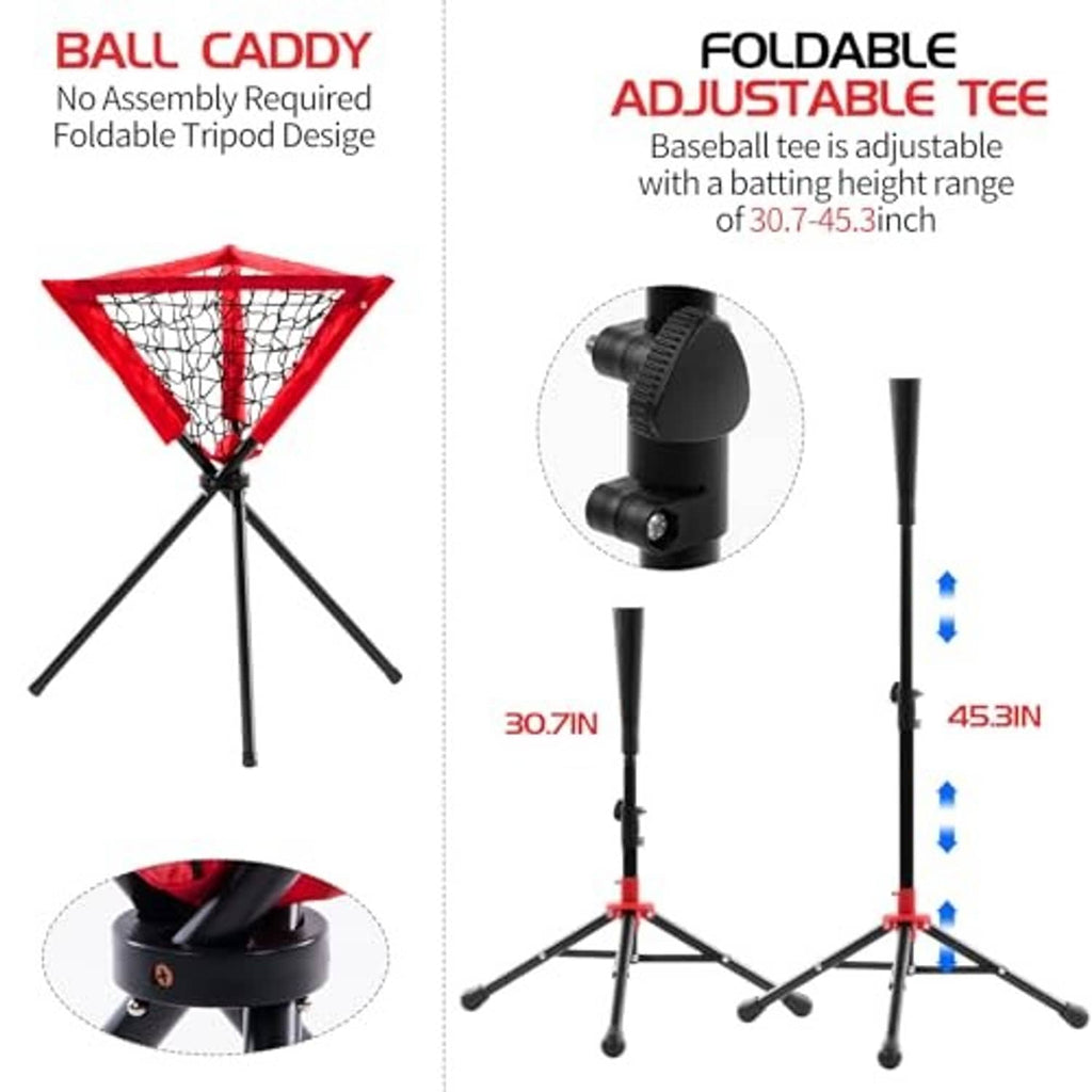 Adjustable batting tee with foldable tripod base and red ball caddy for hitting practice