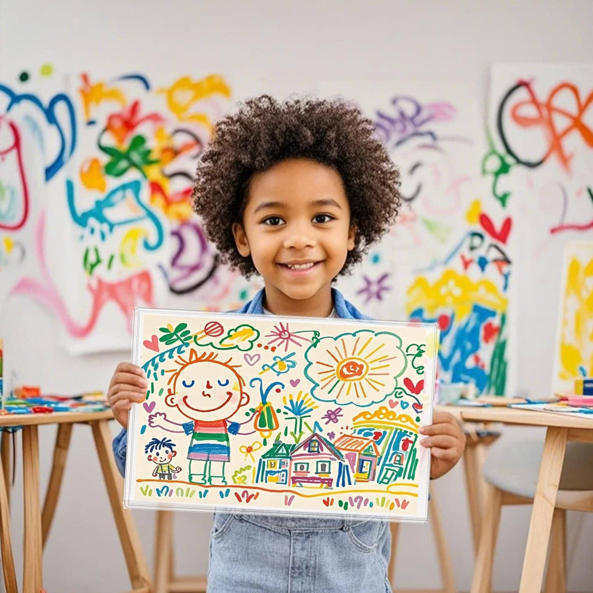 Child holding a clear rigid sleeve containing colorful artwork and a certificate-size print
