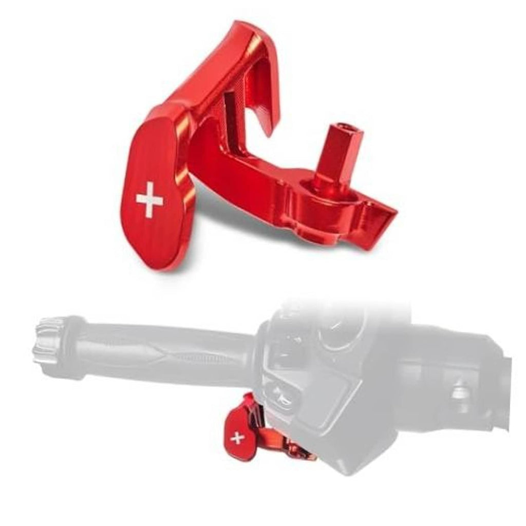 Red aluminum thumb throttle shift paddle lever with plus (+) symbol and mounting tab