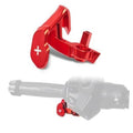 Red aluminum thumb throttle shift paddle lever with plus (+) symbol and mounting tab