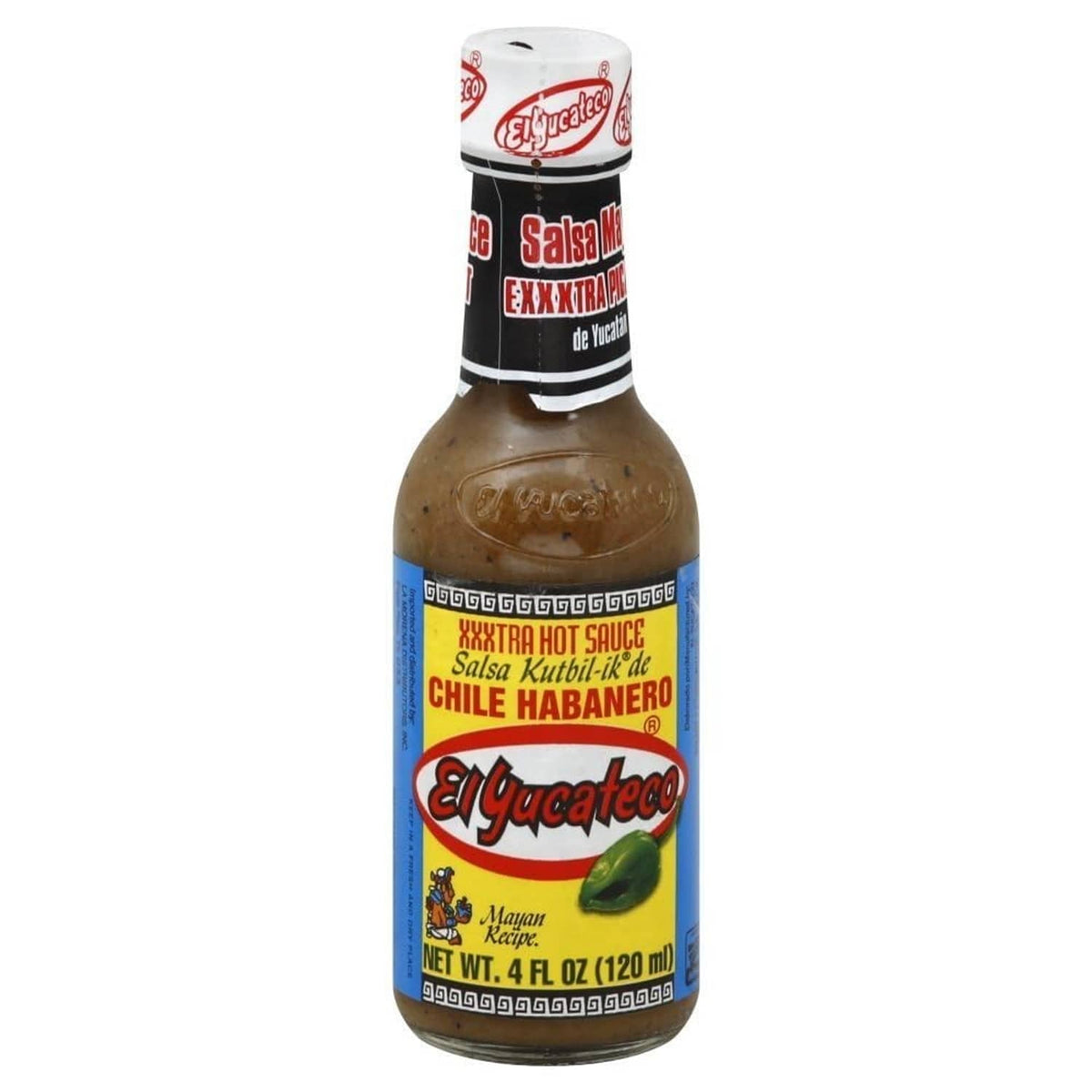 El Yucateco habanero hot sauce bottle, brown glass with white cap and blue label