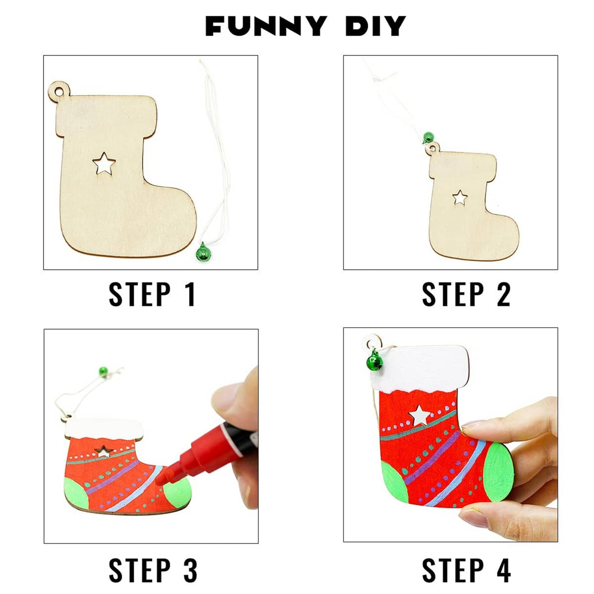 Unfinished wooden Christmas stocking ornament blank with star, hanging string hole