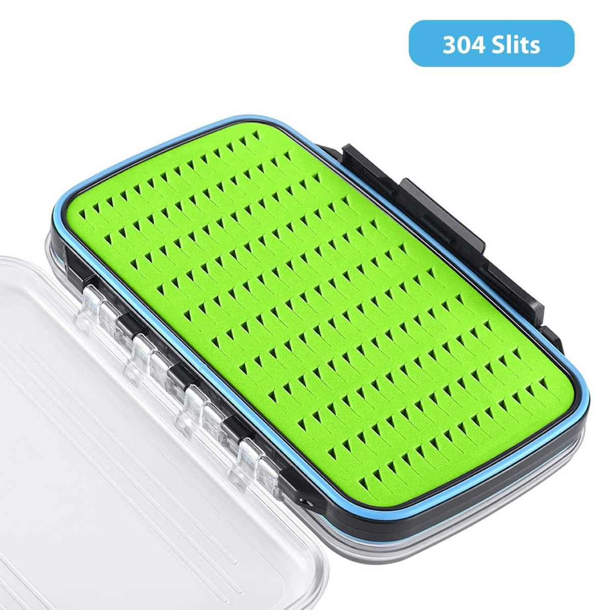 Fly fishing tackle box with clear lid, black latch, lime perforated foam fly insert
