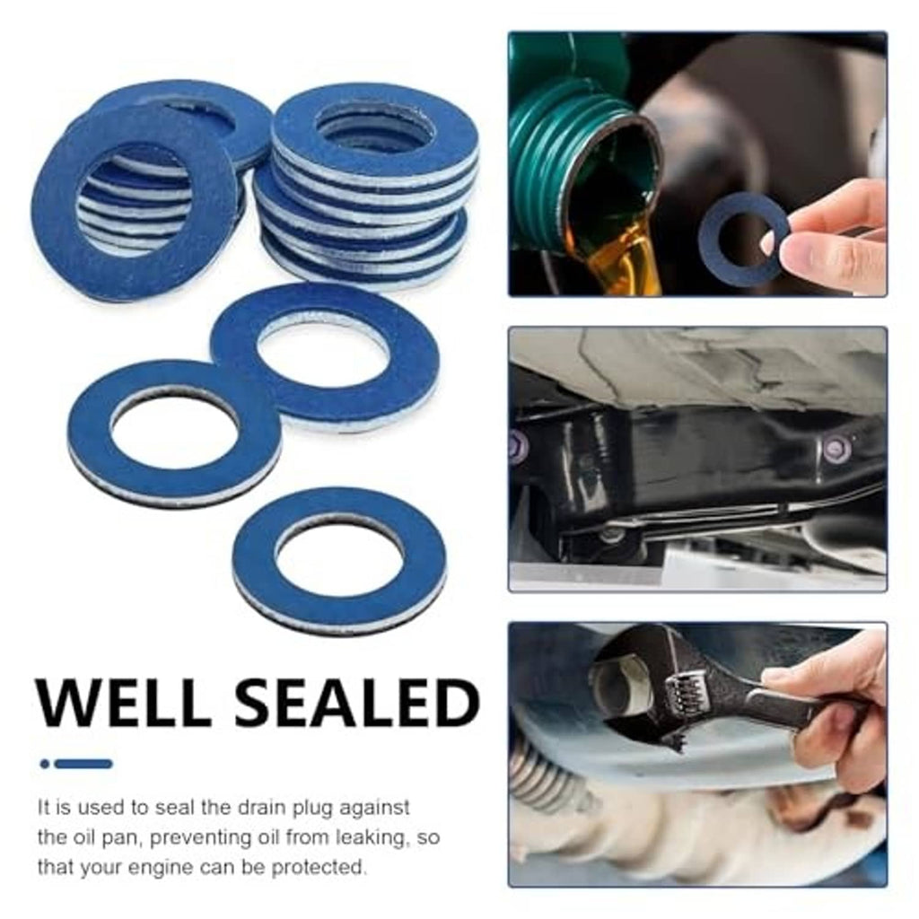Blue gasket washers and crush seals with hand installing near oil drain plug