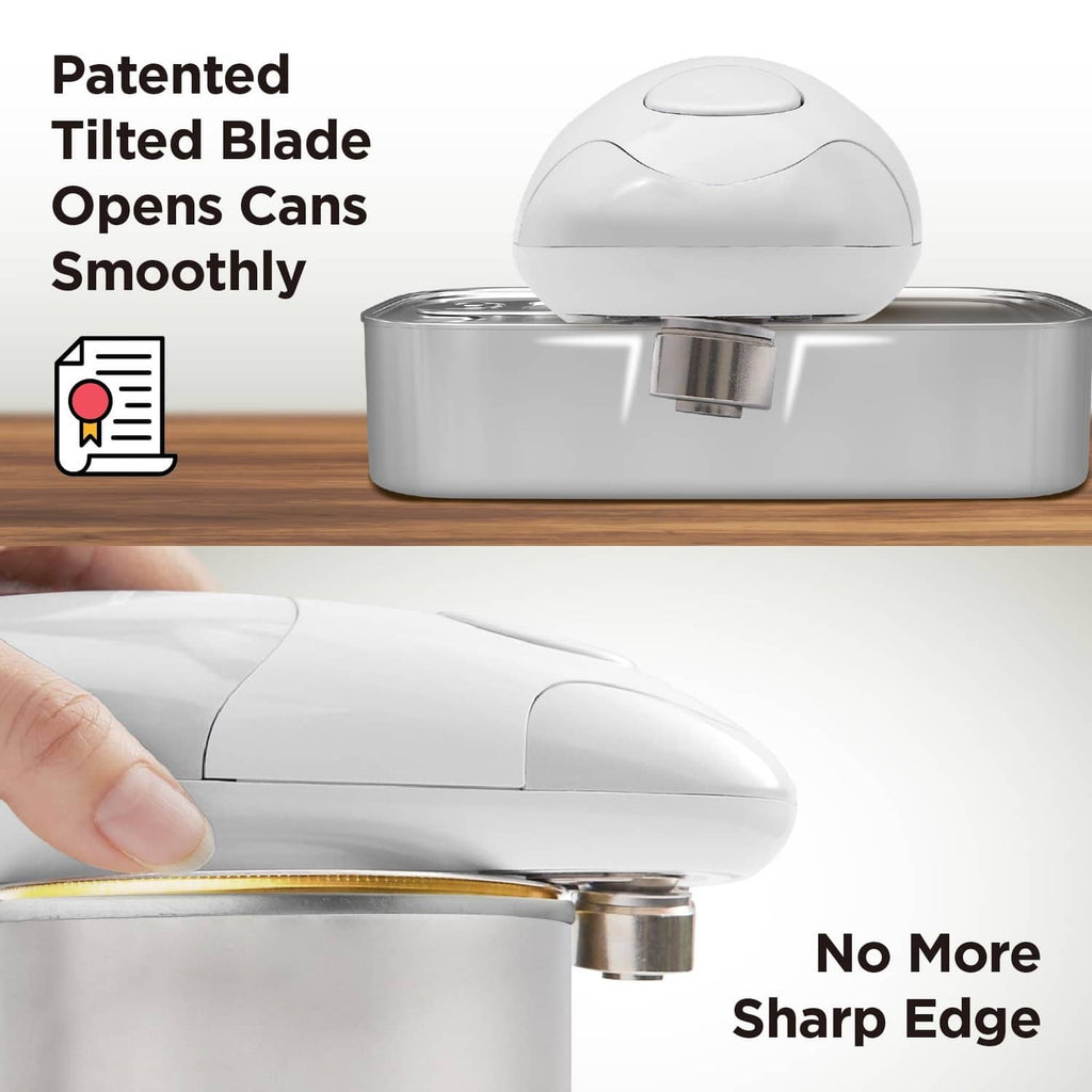 Kitchen Mama auto electric can opener, white dome head on can with metal rim cutter