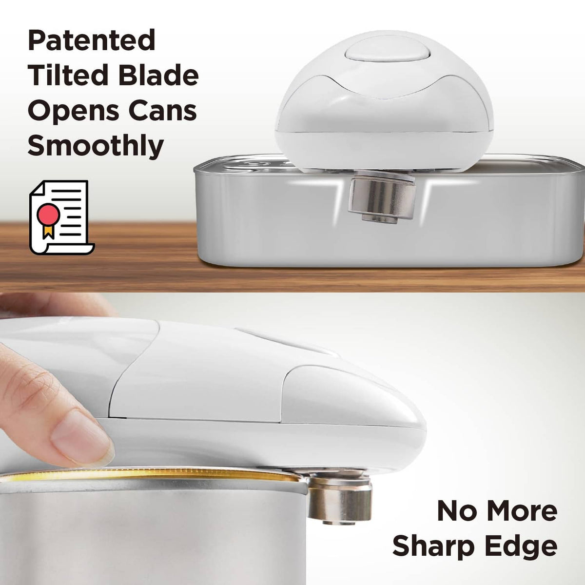 Kitchen Mama auto electric can opener, white dome head on can with metal rim cutter