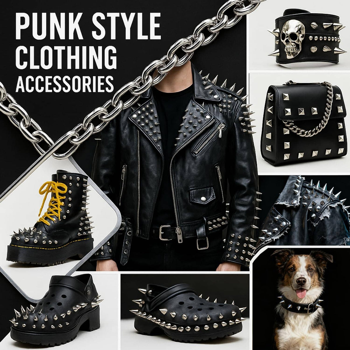 Craluuur punk spikes and studs kit shown on studded clothing accessories with silver metal points