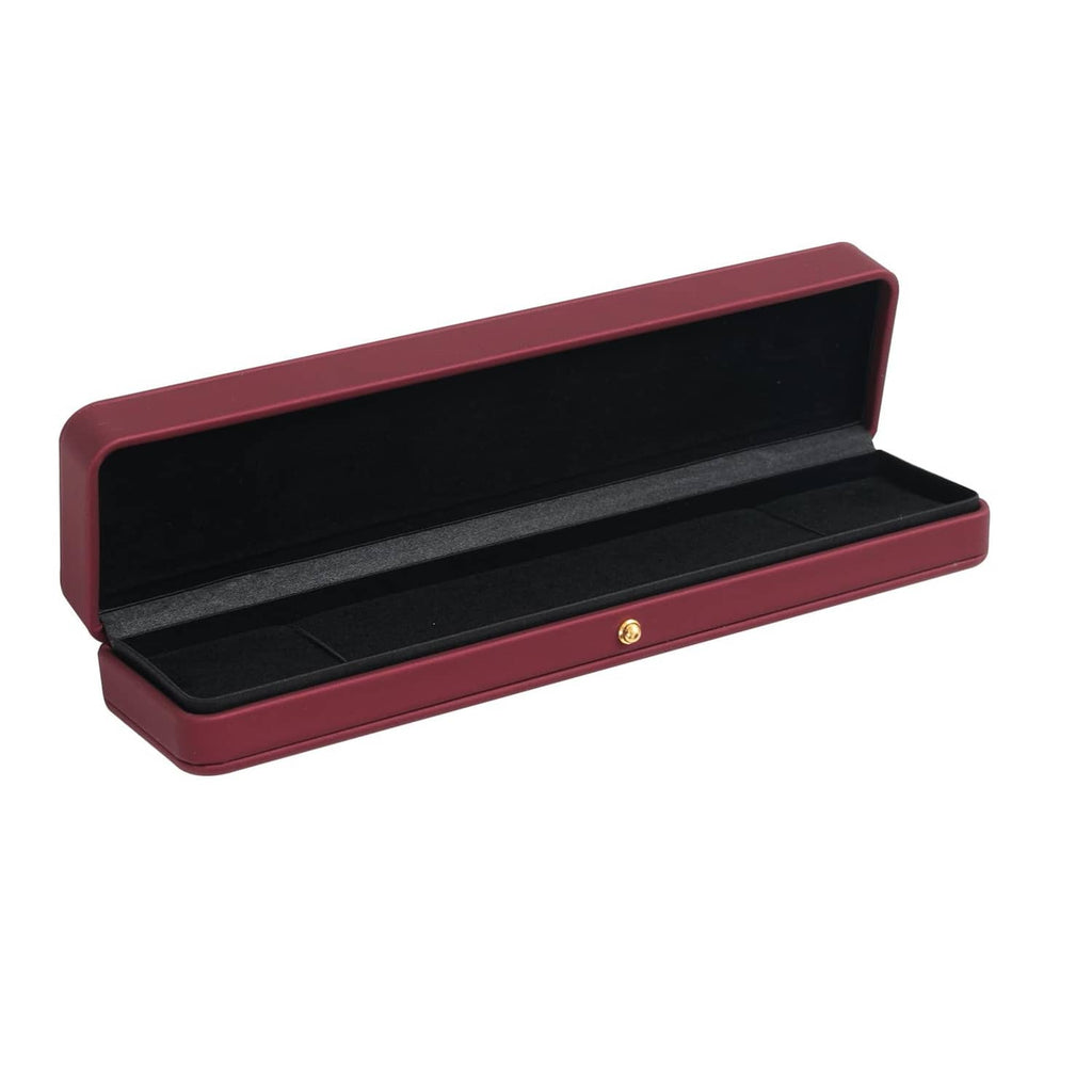 Red velvet necklace box with open lid and black insert for long chain storage