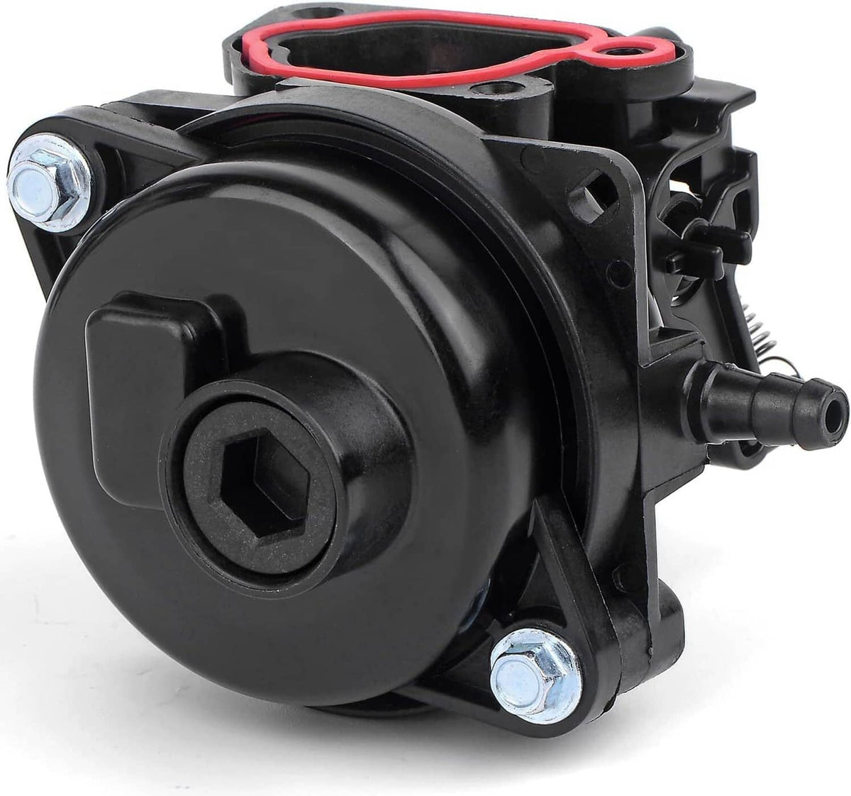 Black carburetor side cover with screw-mounted housing and intake hose connection