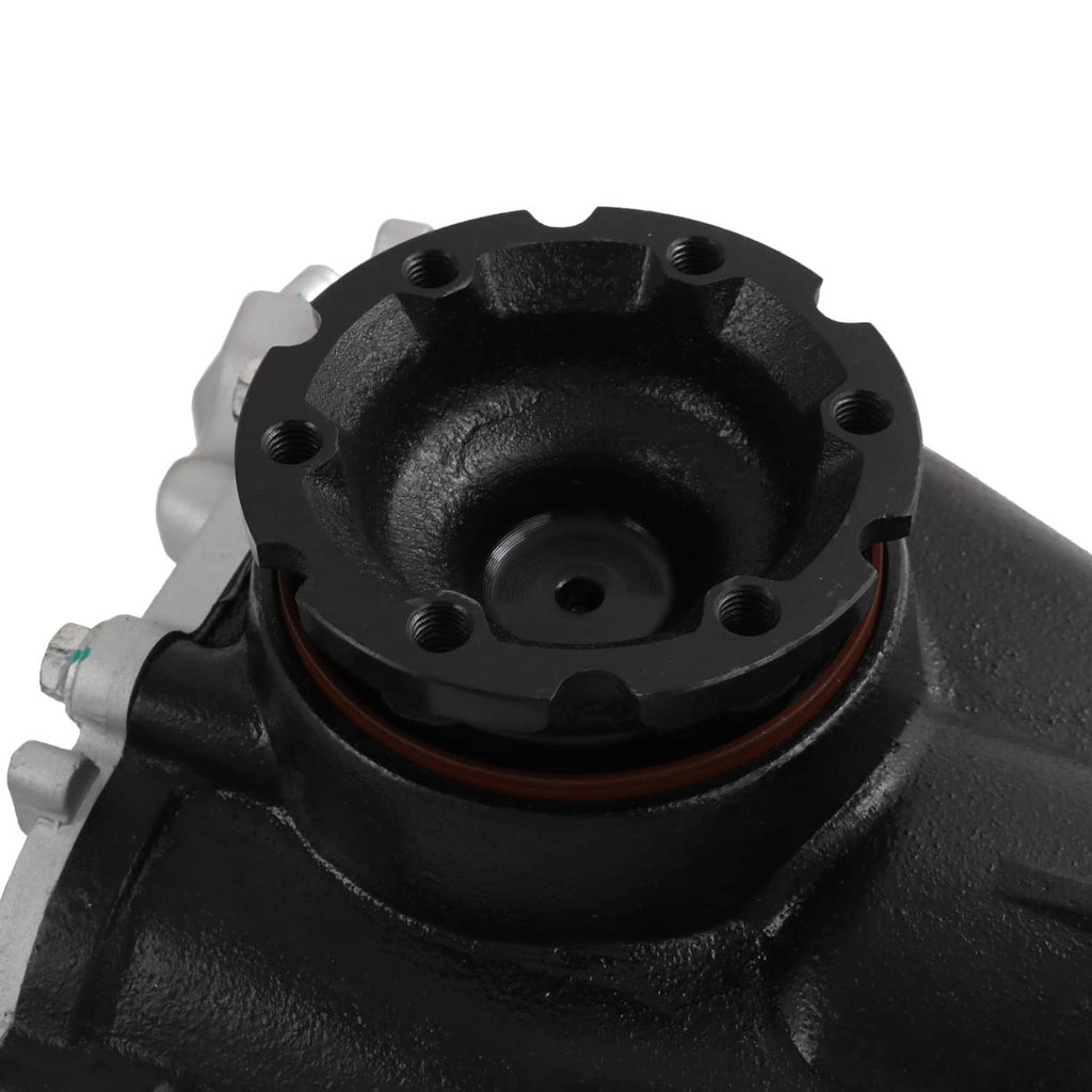Rear differential carrier assembly, close-up of round cover with red seal ring