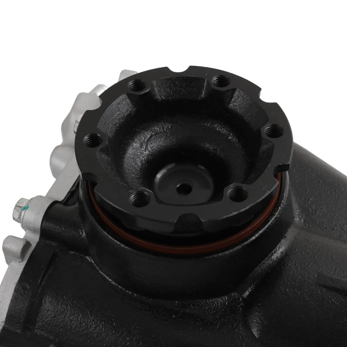 Rear differential carrier assembly, close-up of round cover with red seal ring