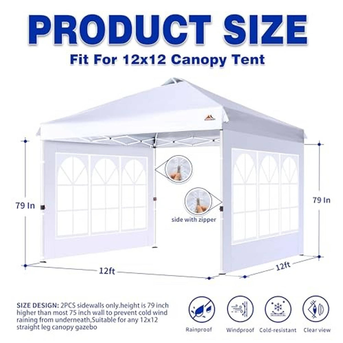 White 12x12 canopy sidewall with clear three-arched window panes and side zipper