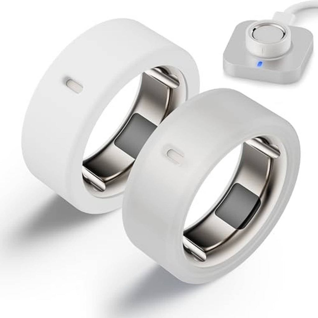 Pair of white silicone smart ring protector cases with open side and metal inserts