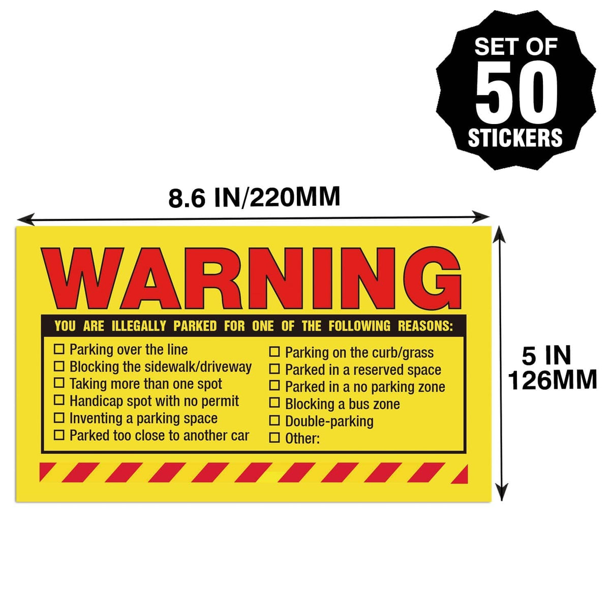 Yellow warning parking violation sticker, 8.6 in wide, set of 50