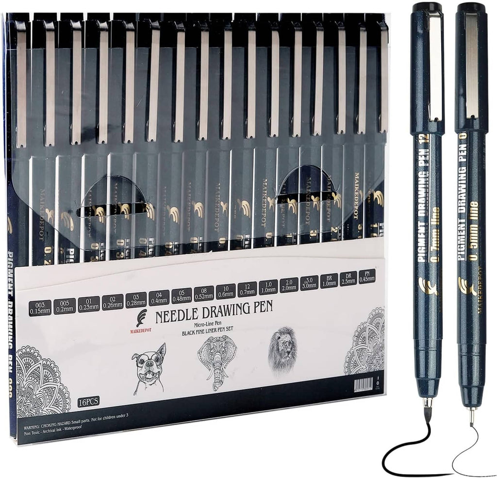 Pack of needle fineliner drawing pens in dark barrels, waterproof black ink, assorted tips
