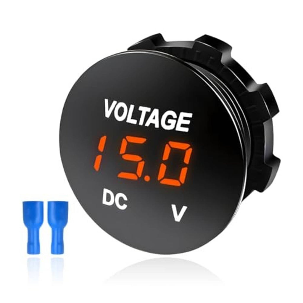 Black round DC voltmeter gauge with orange LED display reading 15.0 V and DC.