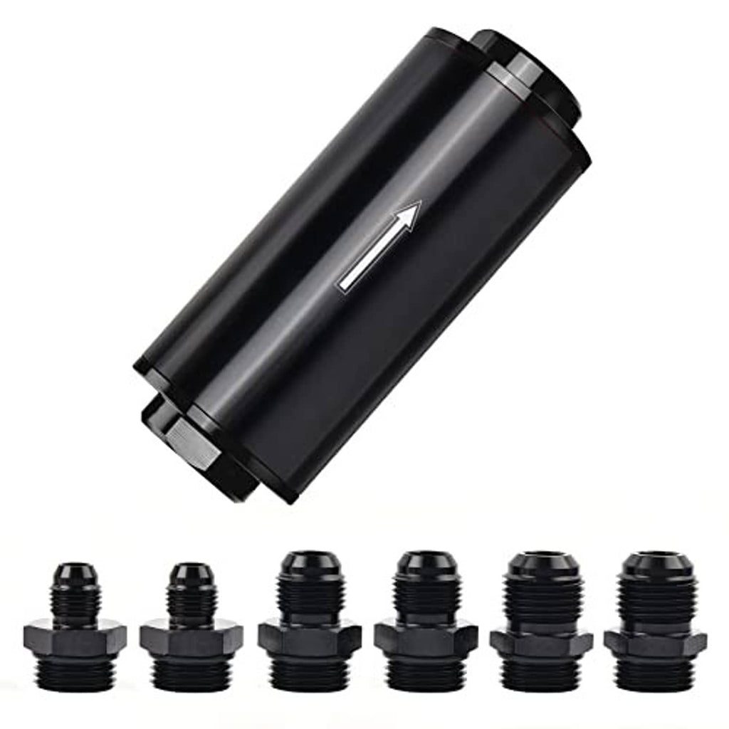 Black inline fuel filter with arrow marking and multiple black threaded end fittings