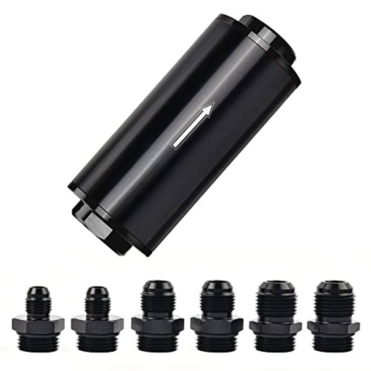 Black inline fuel filter with arrow marking and multiple black threaded end fittings