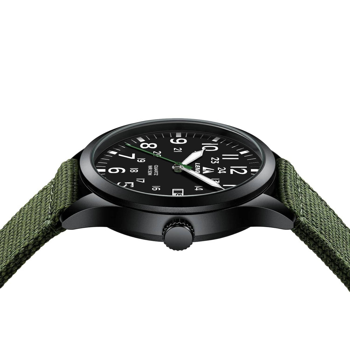Men's military sport analog watch, close front angle with black dial and green strap
