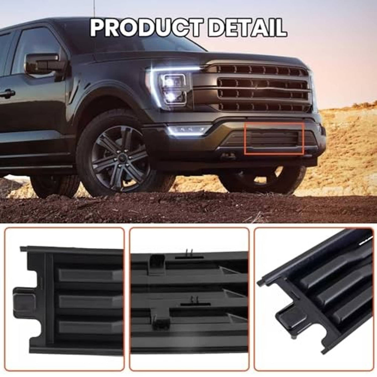 Black front bumper grille trim insert with horizontal slats, product detail view