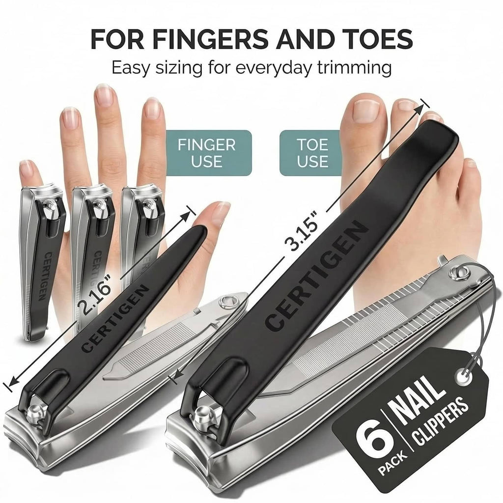 Six nail clippers with black caps, designed for fingernails and toenails