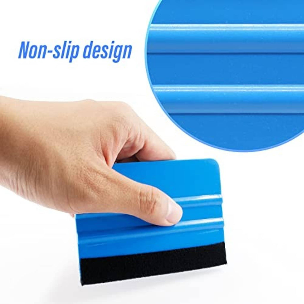 Blue felt edge squeegee tool pressed by hand against a flat surface film.