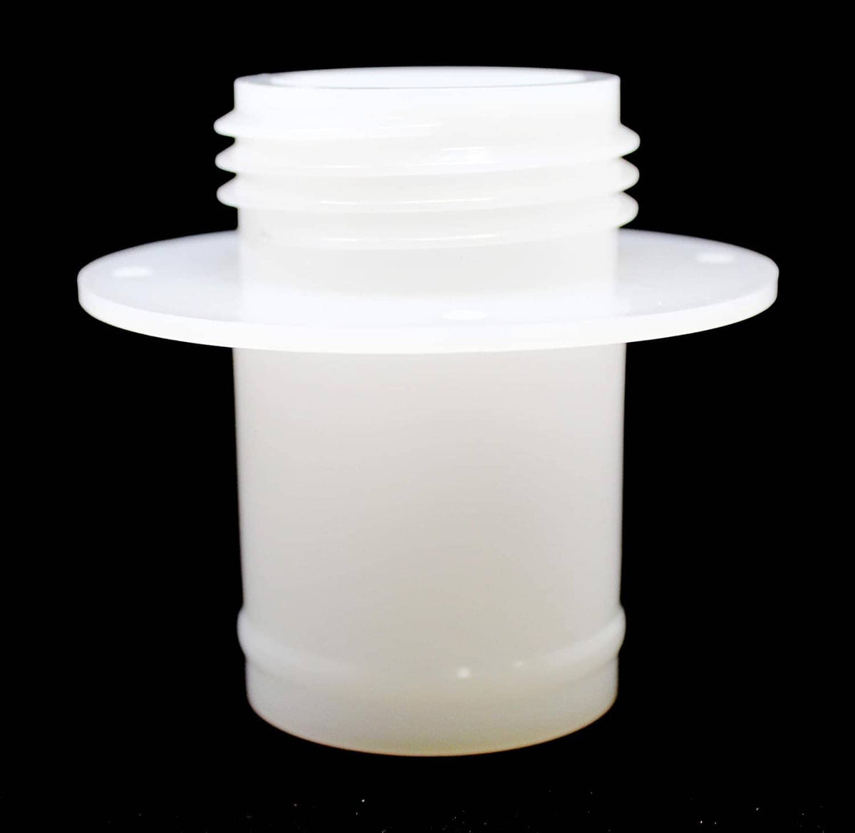 White jet ski fuel tank filler neck insert with flanged top and threaded exterior