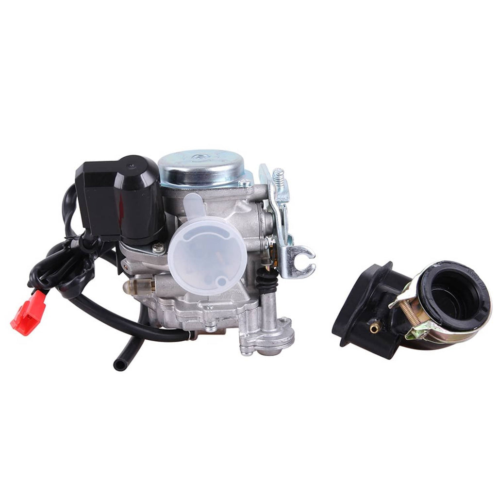 Carburetor assembly with light blue air intake cover, black wiring, and black throttle body
