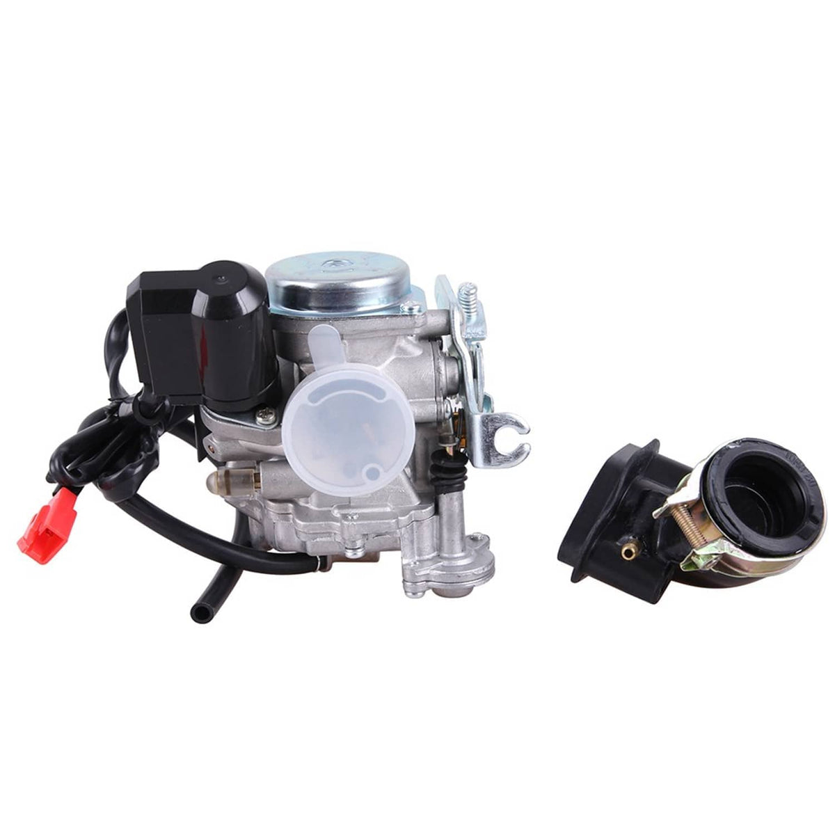Carburetor assembly with light blue air intake cover, black wiring, and black throttle body