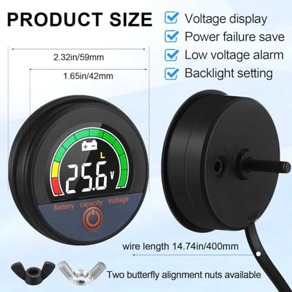 Round digital battery monitor front and rear view with mounting screws, black housing