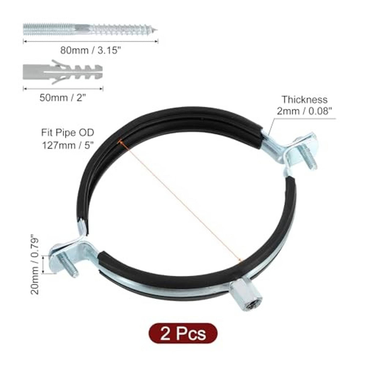 Adjustable split-ring pipe clamp for 5 in pipe OD, black rubber-lined ring