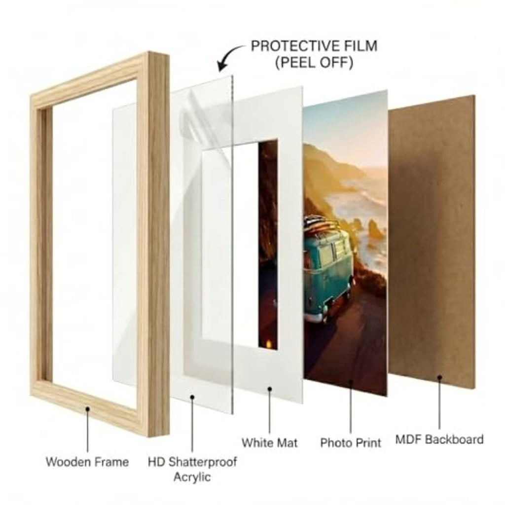 Wooden picture frame with HD shatterproof acrylic, protective film, and MDF backing.