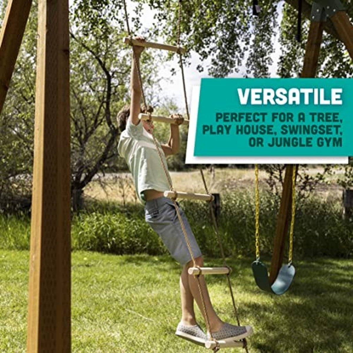 Rope ladder with wooden rungs and hanging ropes, attached to overhead support