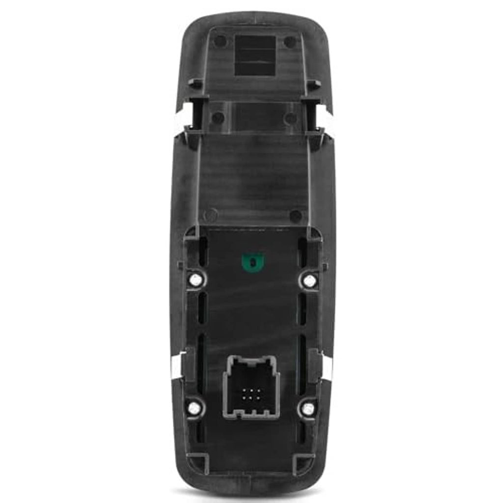 Power window switch housing with connector socket and mounting tabs, black plastic