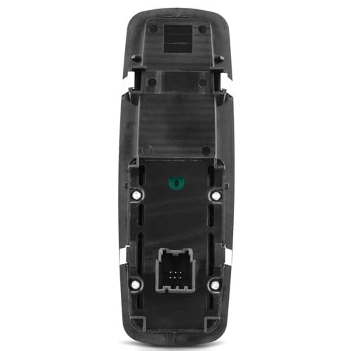 Power window switch housing with connector socket and mounting tabs, black plastic