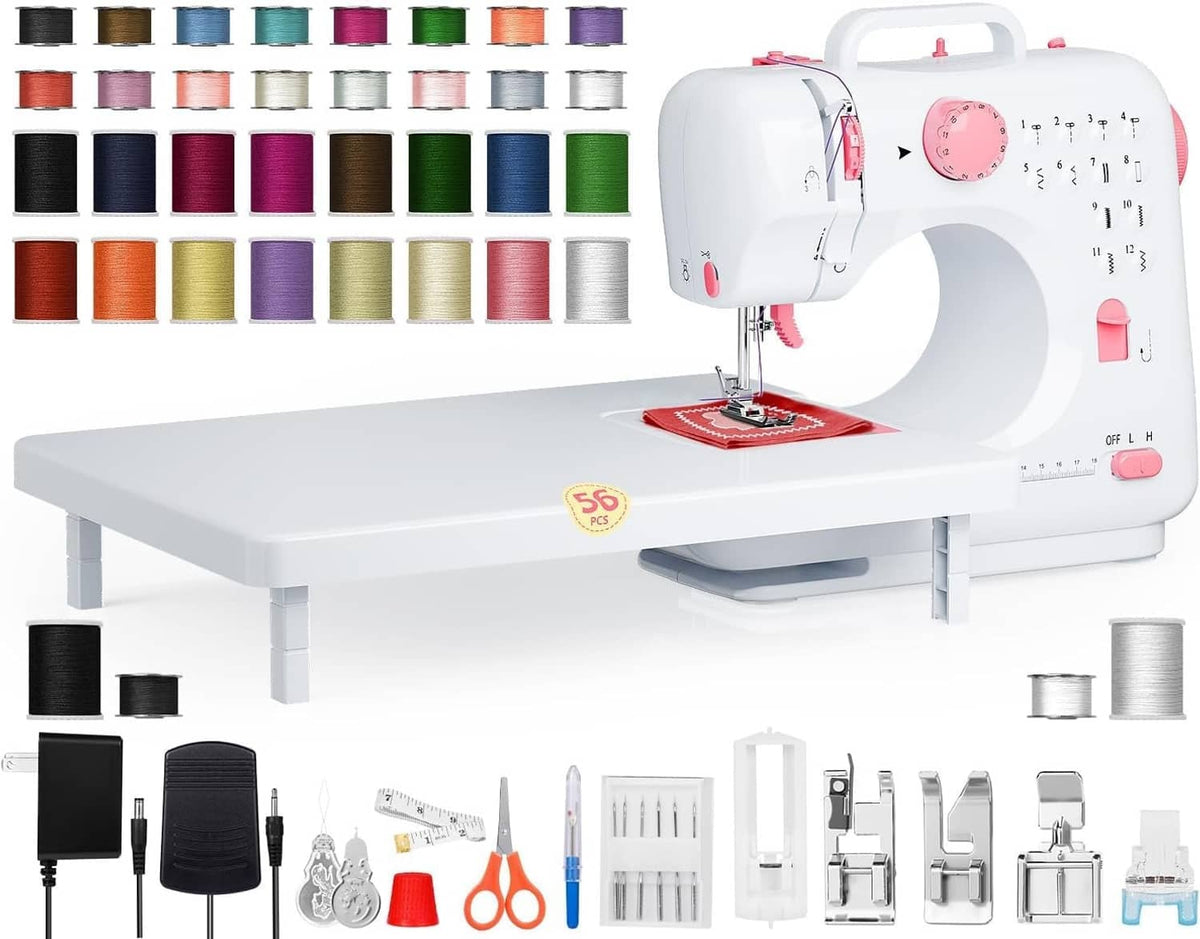Portable electric sewing machine with pink accents and flat work table