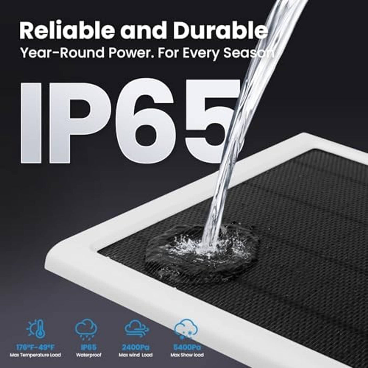 White solar panel with black grid surface and water spray on top