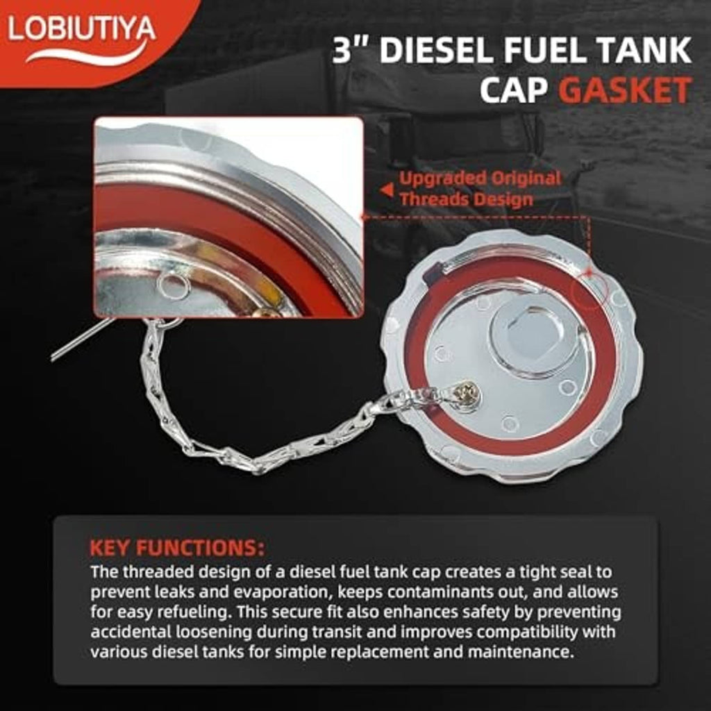 3-inch diesel fuel tank cap gasket: silver cap with red ring and chain detail.
