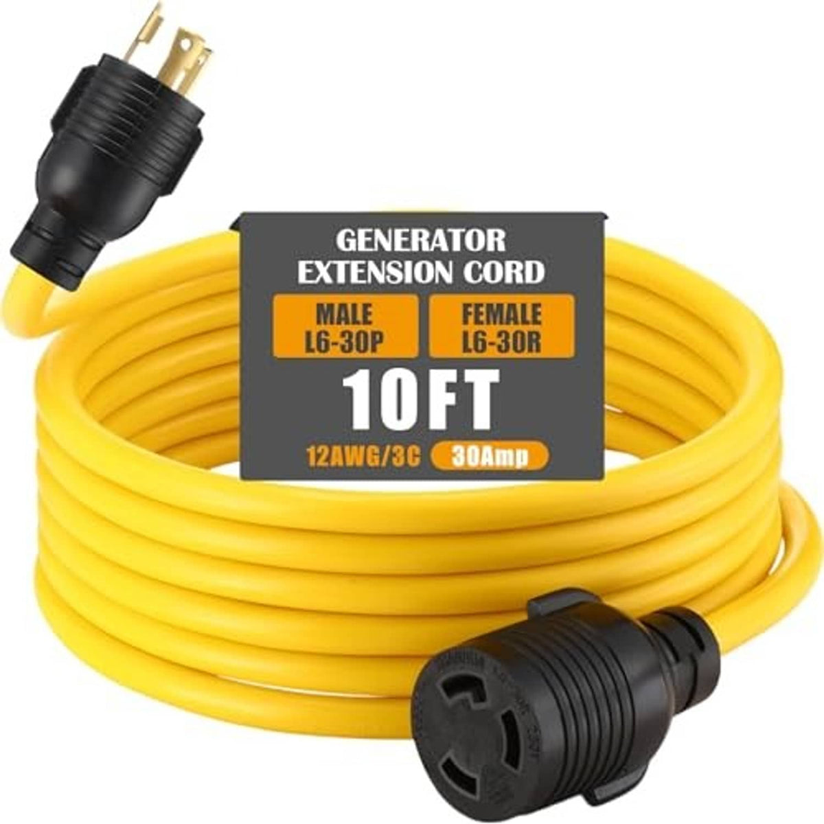 Yellow 10 ft generator extension cord with male and female L6-30 3-prong plugs