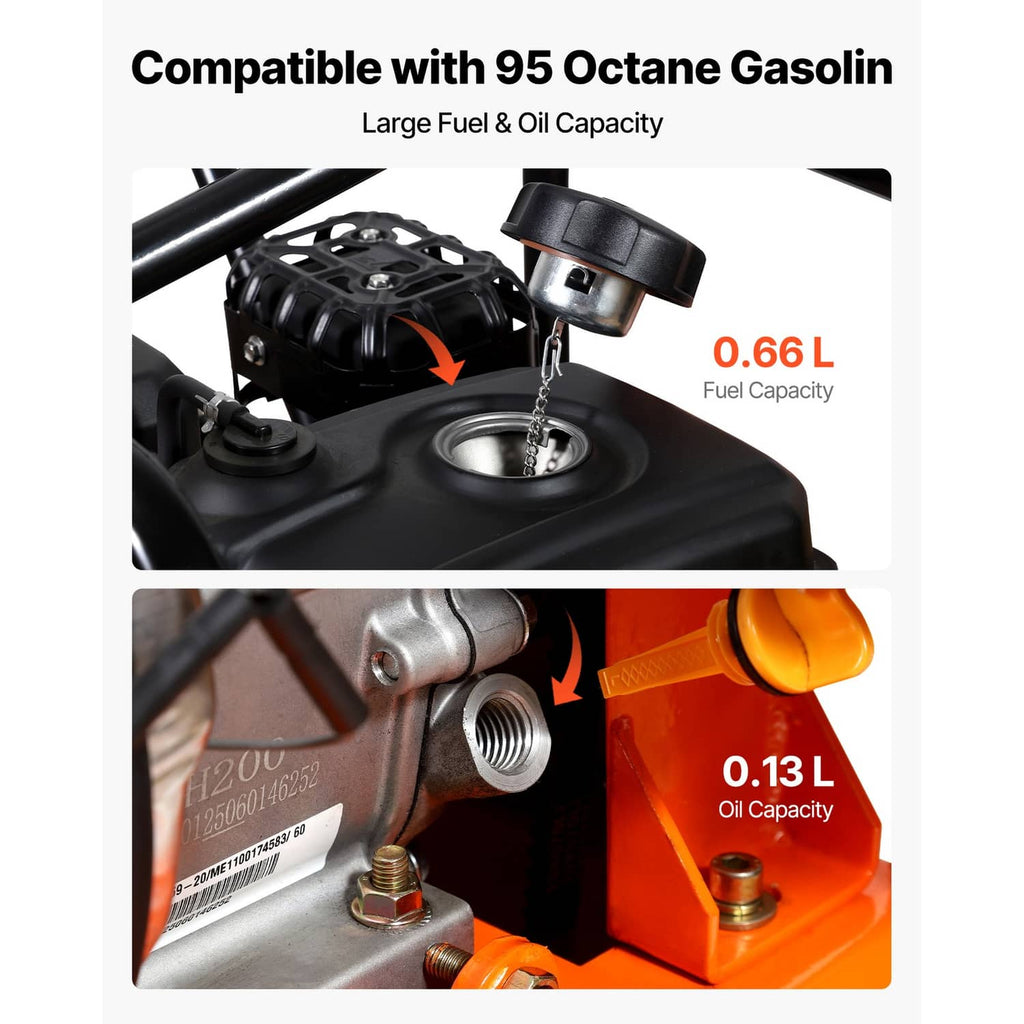 Plate compactor fuel and oil filler area on black engine housing