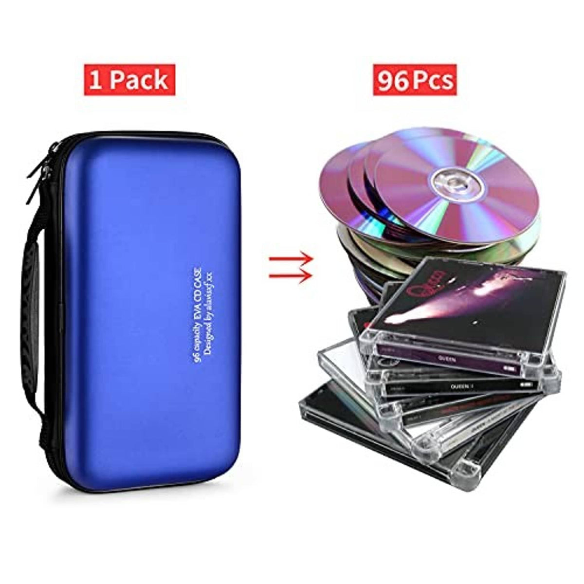 Blue hard EVA media case showing interior slots for CDs/DVDs, holds up to 96