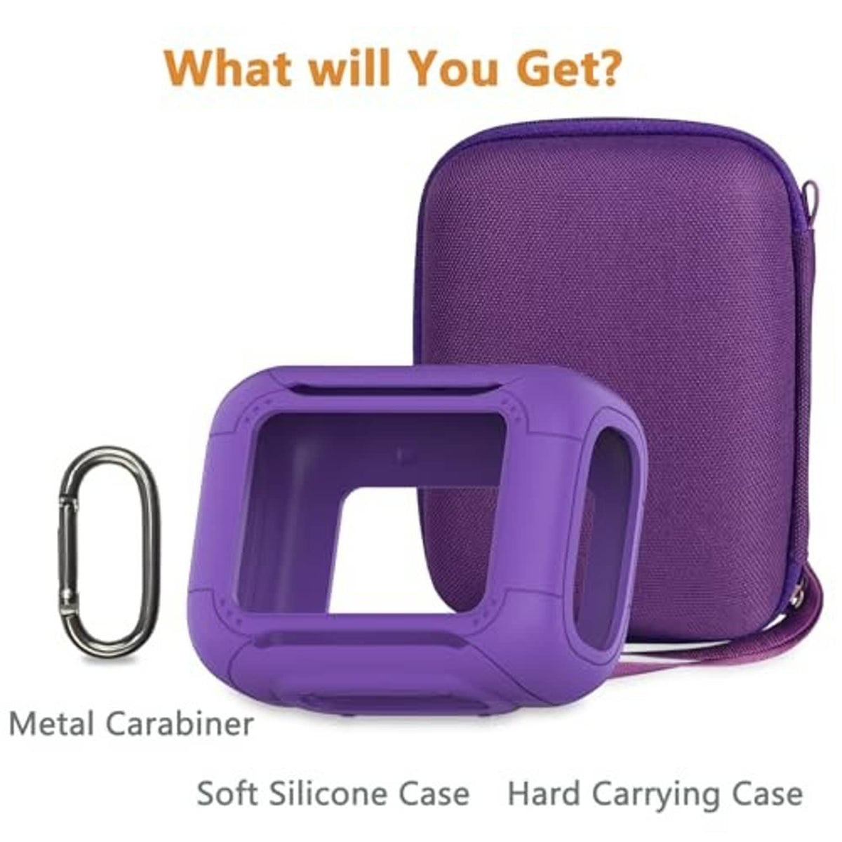 Purple carrying case with top handle cutout and metal carabiner