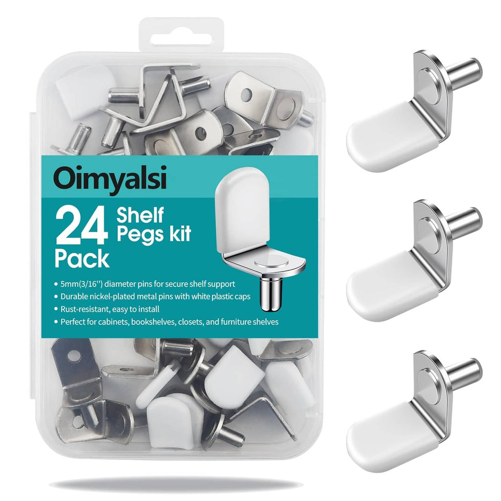 Oimyalsi 24-pack shelf peg kit in blister, white caps and silver metal pins
