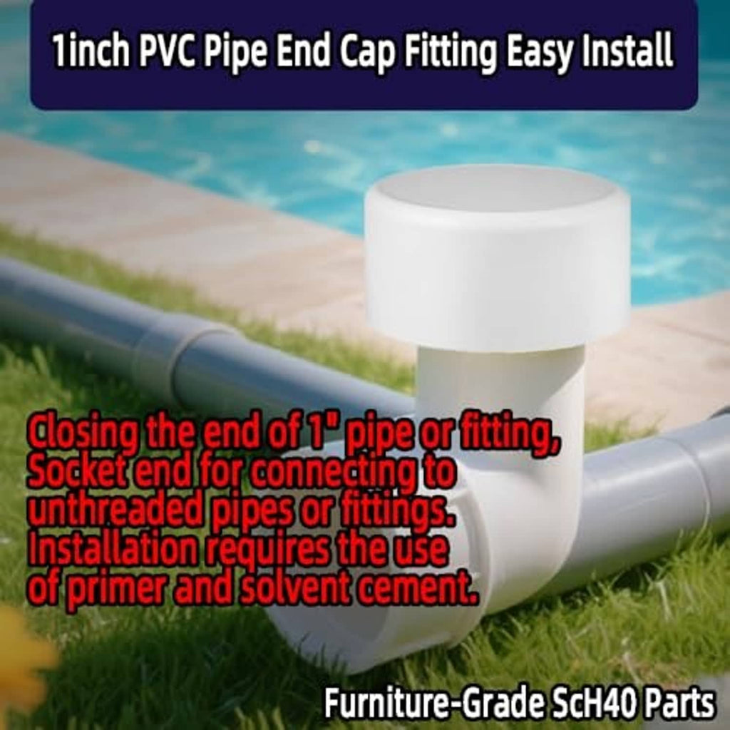 White PVC pipe end cap fitting, cylindrical plug covering a pipe end