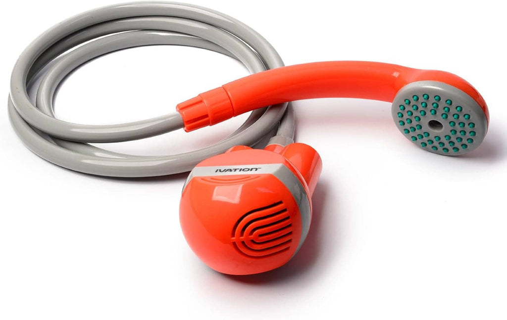 Battery-powered portable shower set with orange spray head and gray hose
