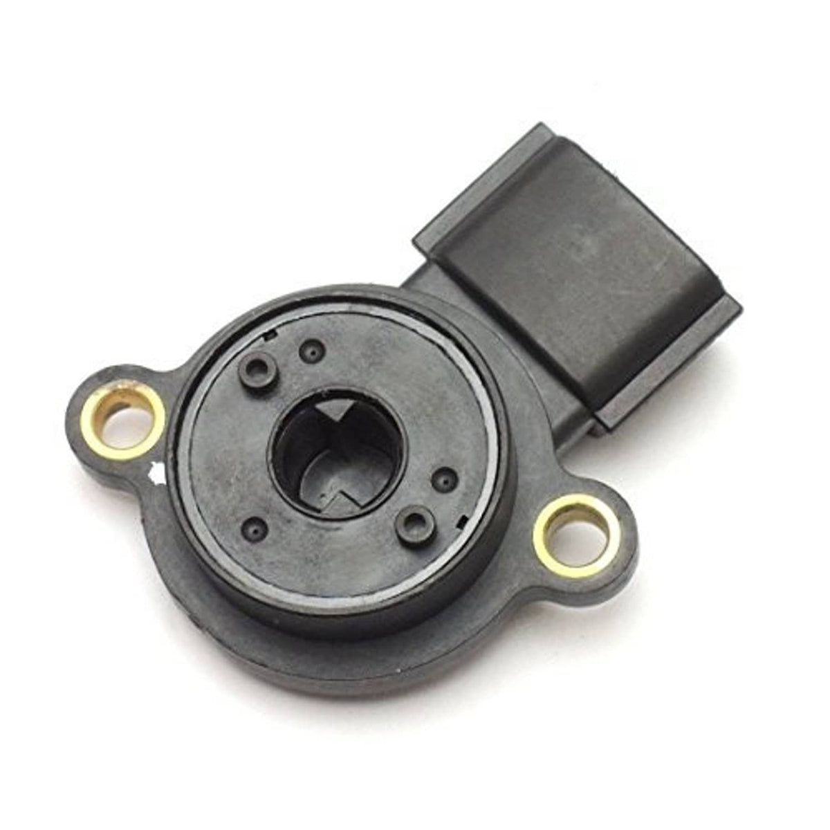 Shift angle position sensor underside view with gray metal body and black connector