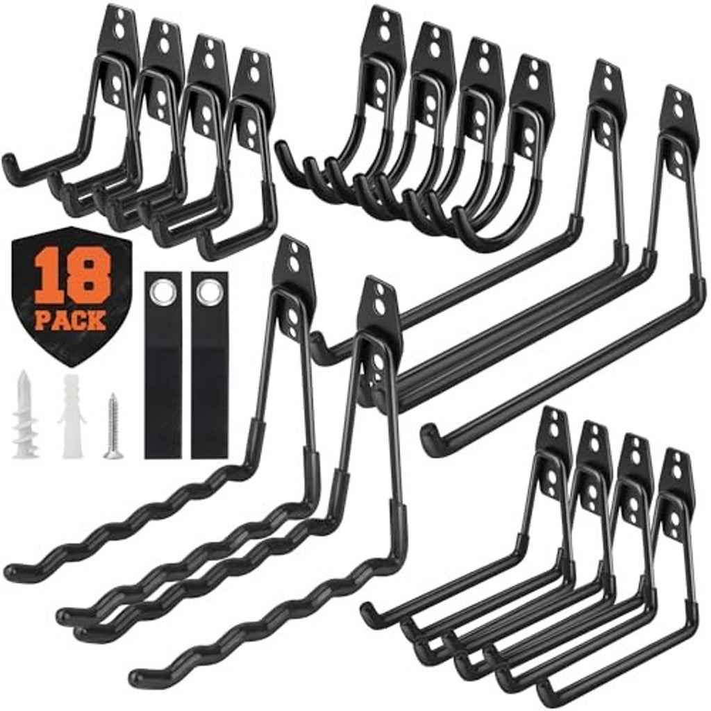 18-pack black steel garage hooks with long arms and screw-mounting plates