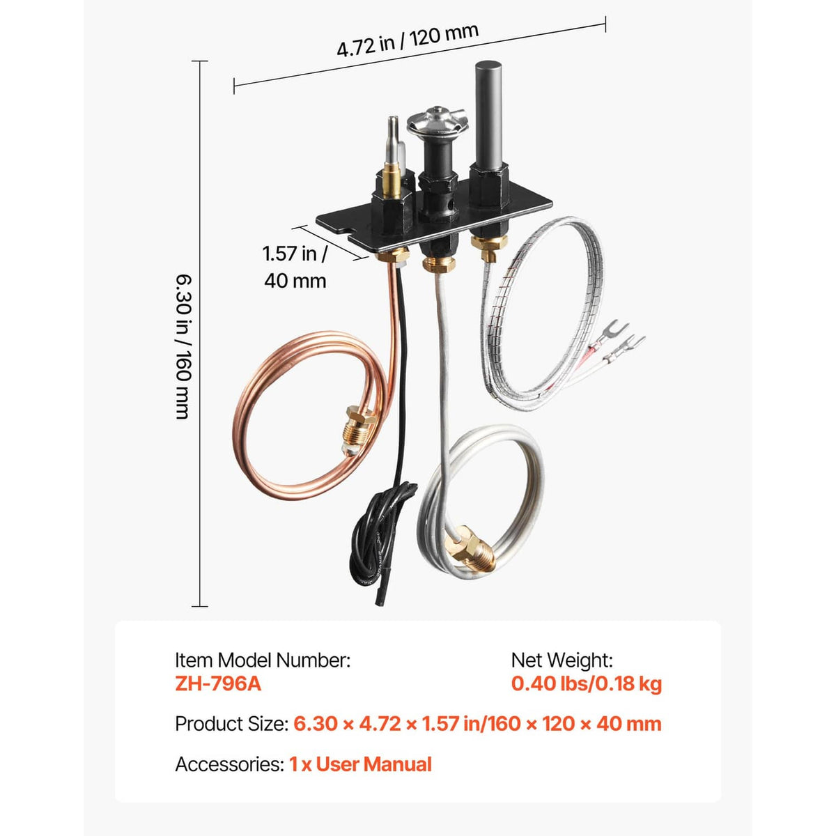 Natural gas pilot ignition assembly with black base, copper and steel lines, and three terminals